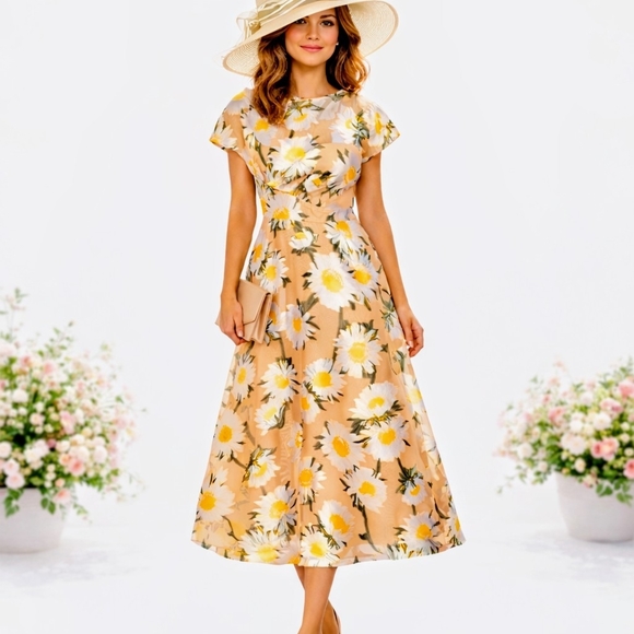 Lela Rose Dresses & Skirts - Lela Rose Sunflower Print Beige Midi Dress Boatneck Draped Bodice MSRP $1890 NWT